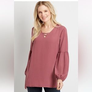 NWT Maurice’s Magenta Lantern Sleeve Lattice Neck Tunic Blouse M